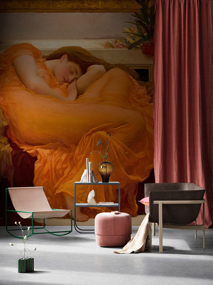 Luxurious mural wallpaper with Renaissance goddess, modern chairs, pink curtain, minimalist side table, and vase.
