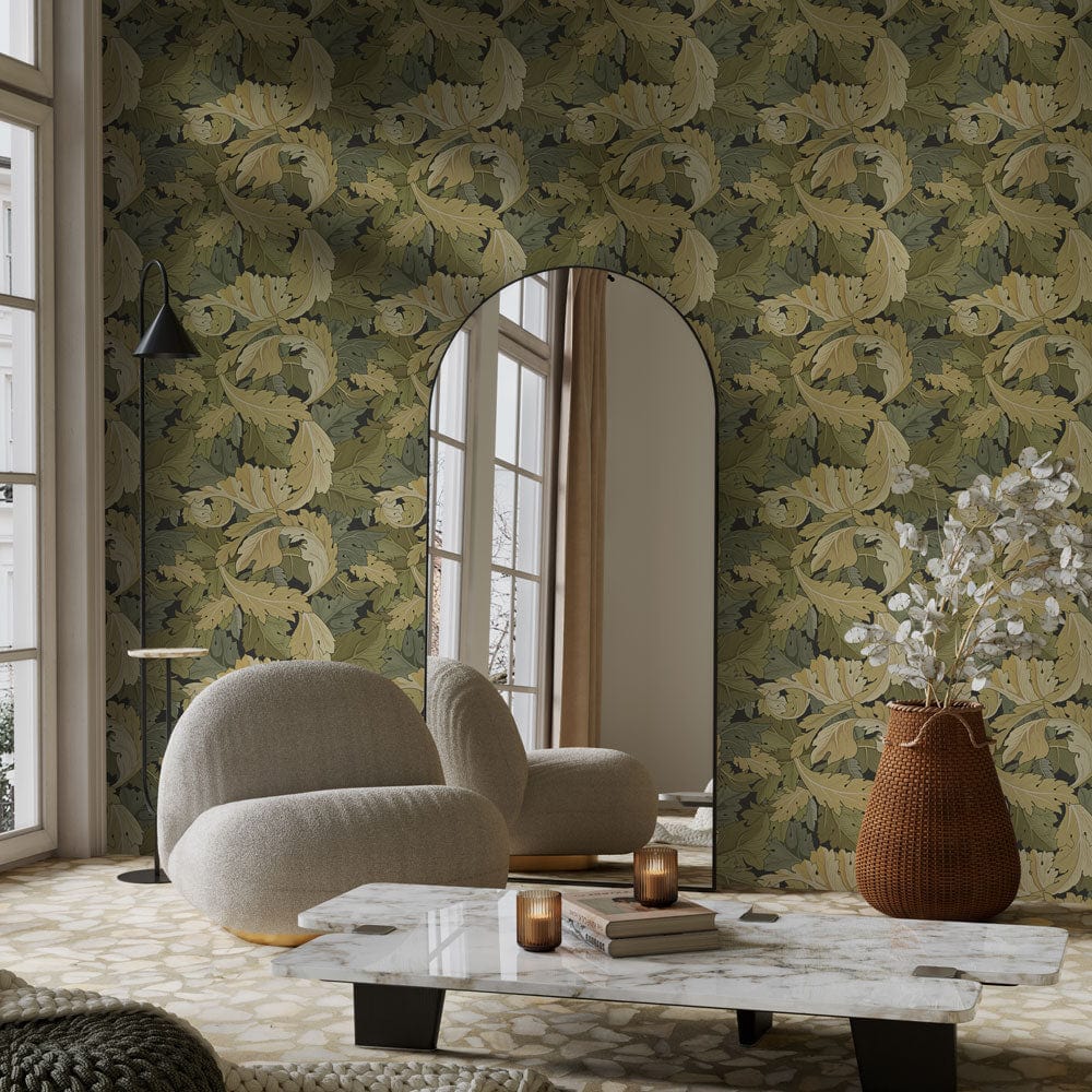 Vintage botanical wallpaper in olive and beige with modern beige sofa, arched mirror, marble table.