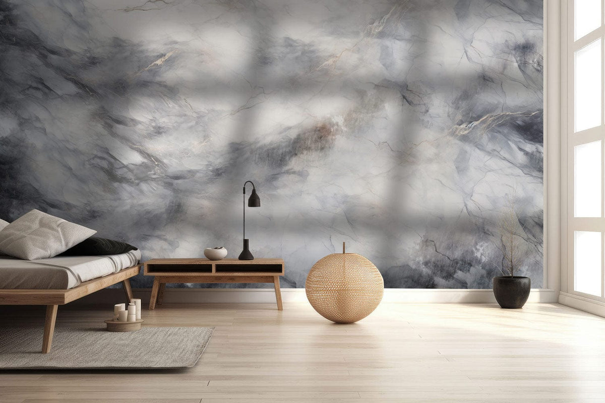 Luxury grey marble mural wallpaper with modern decor, light wooden flooring, and minimalist furniture design.