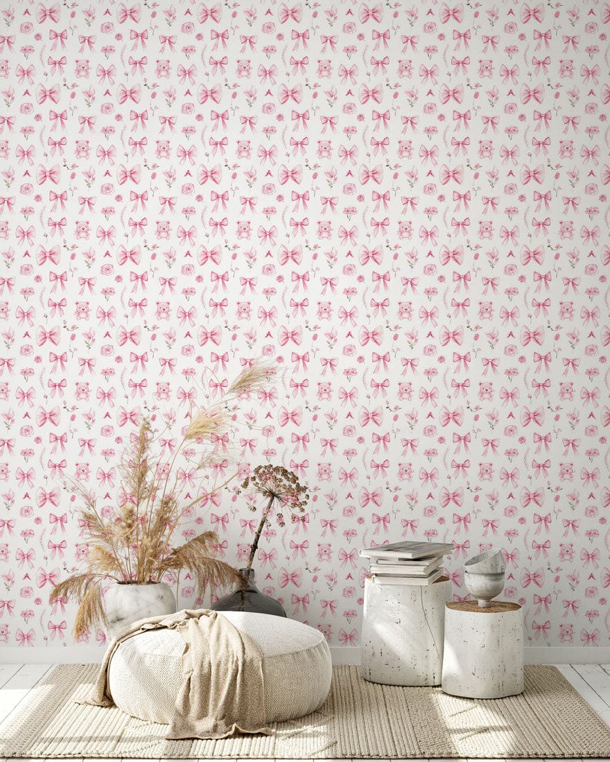 Pink Berry Blossom Wallpaper, floral interior design, beige pouffe, textured rug, neutral decor elements.