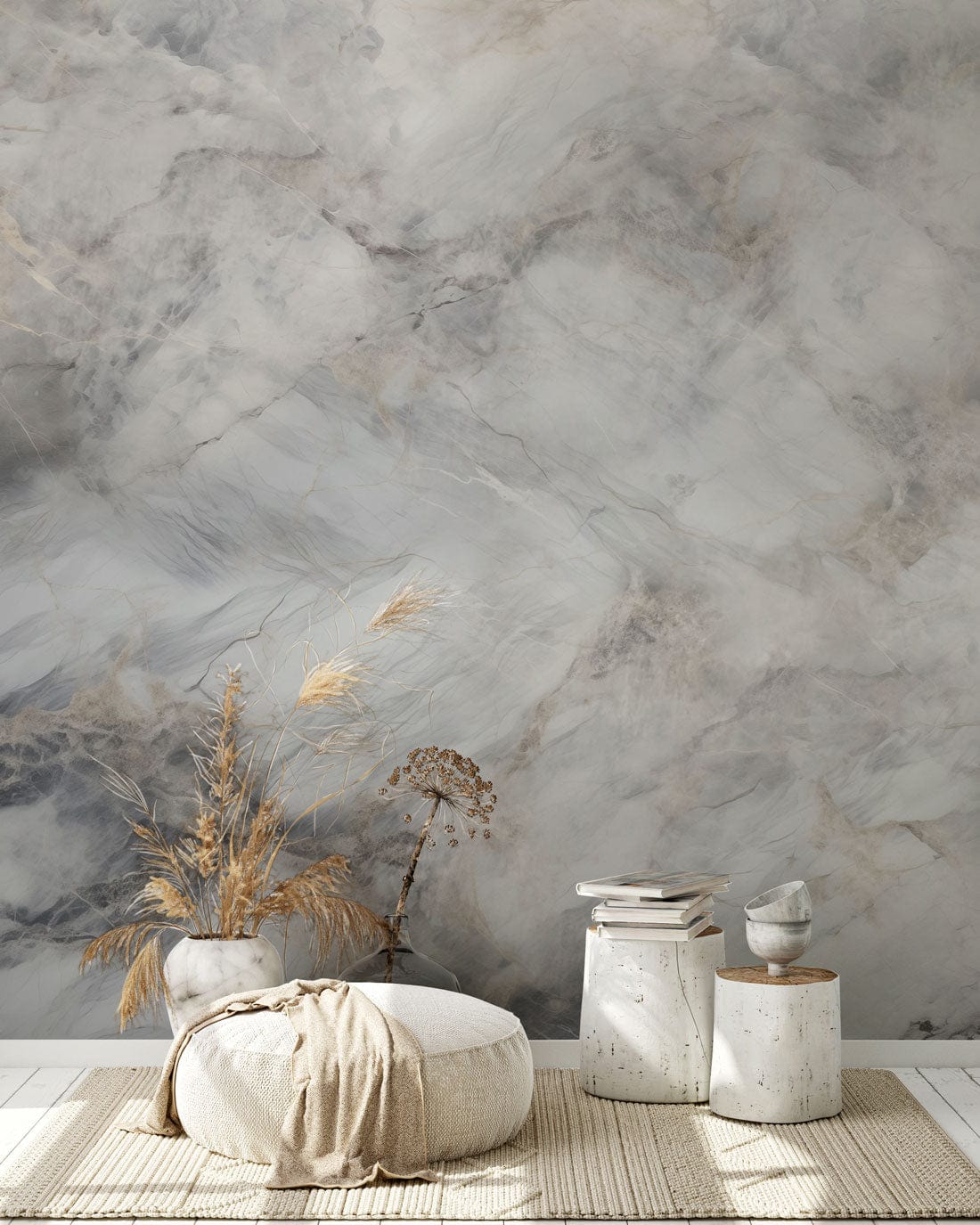 Elegant marble-effect grey textured mural wallpaper with modern neutral decor in minimalistic room setting.
