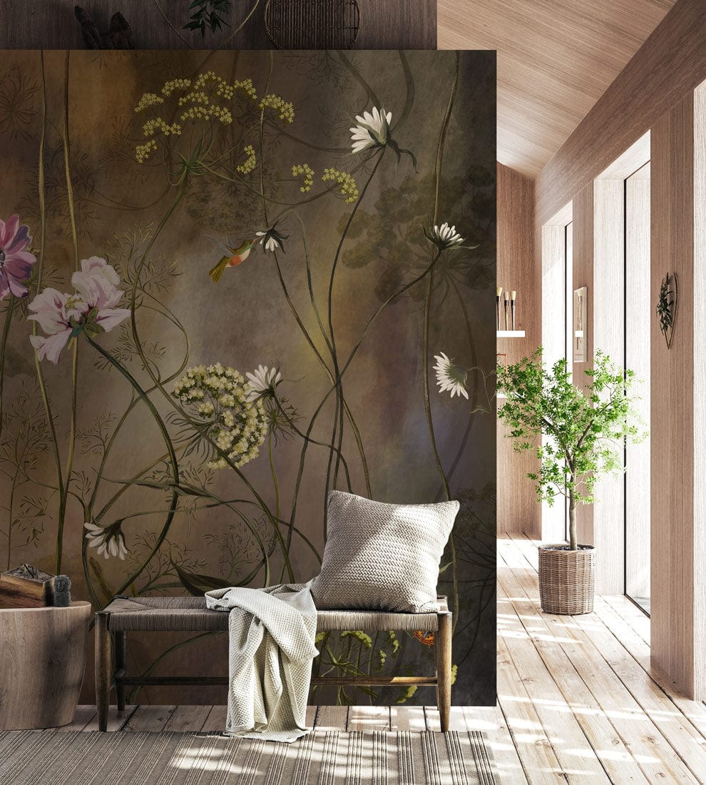 Elegant wildflower mural wallpaper in earthy tones, featuring delicate florals, wooden flooring, cosy bench seating.