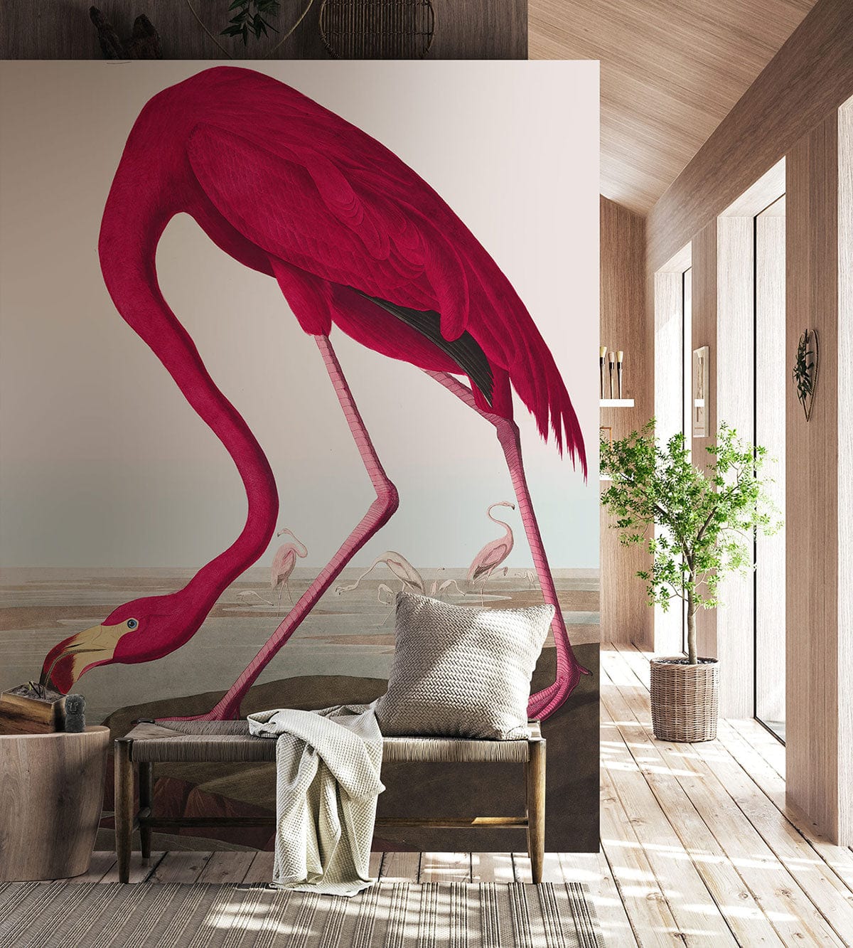 Elegantly illustrated pink flamingo mural wallpaper in stylish interior with wooden flooring and textured bench.