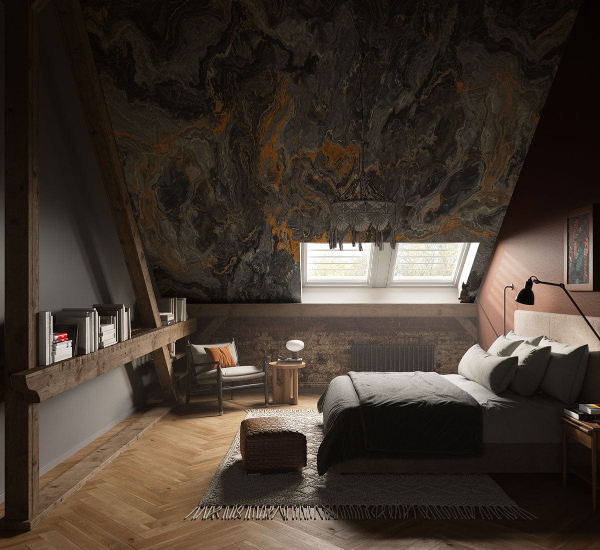 Luxury Charcoal and Gold Marble Wallpaper in cosy loft bedroom with grey bedding, wooden floors, accent chair.