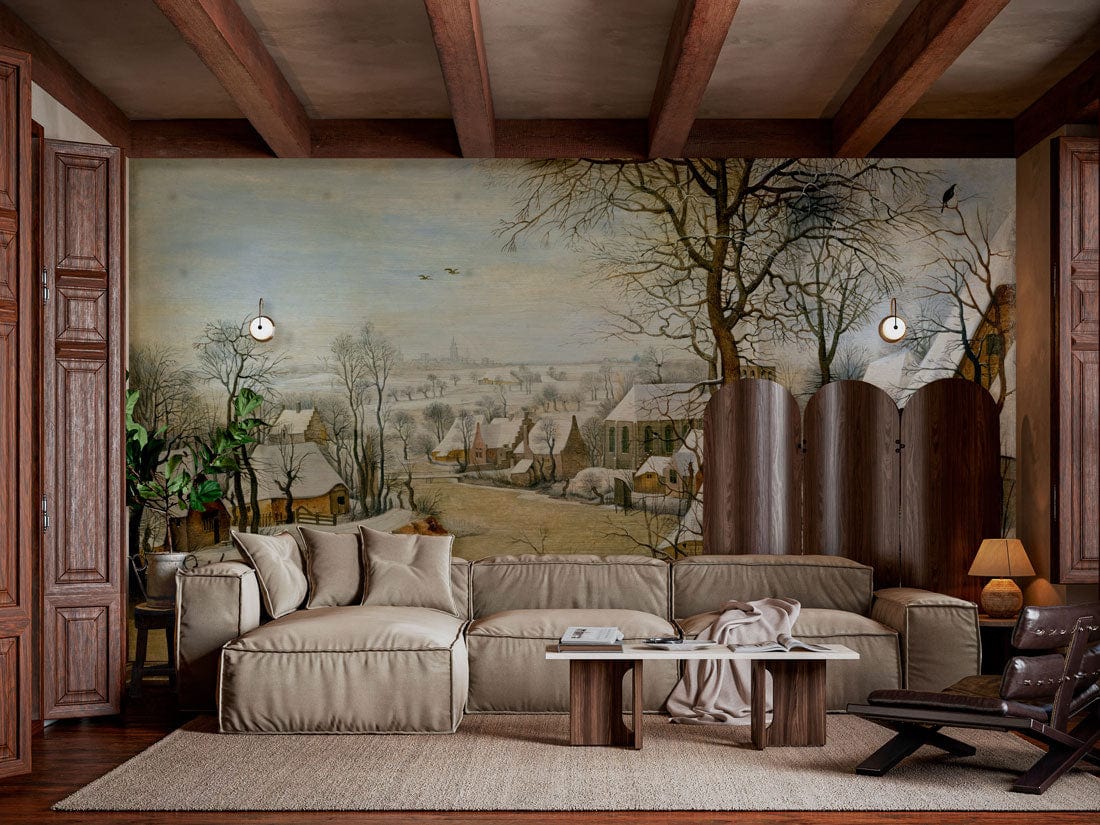 Vintage Winter Village mural wallpaper in a classic living room with beige sofa, wood flooring.