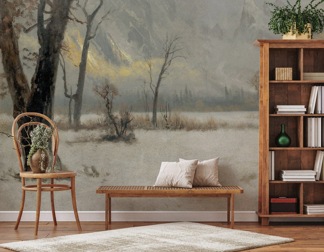 Misty Mountain Landscape Mural in grey tones, featuring wooden furniture, in a cosy living room setting.