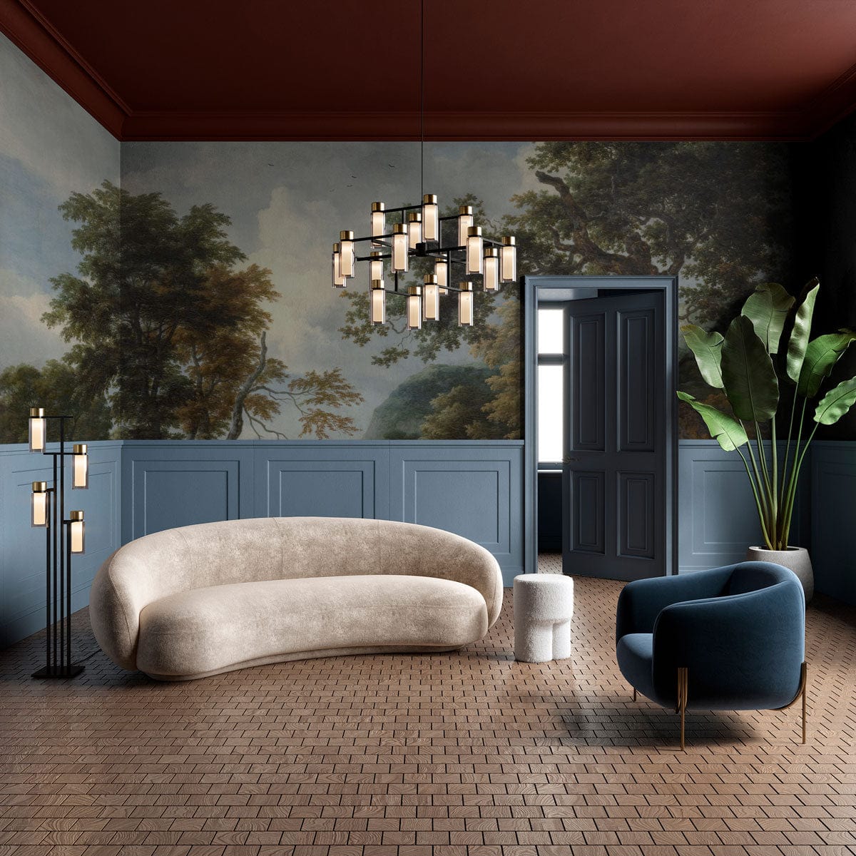 Tranquil Forest Stream Mural Wallpaper; earthy tones; curved beige sofa; blue armchair; elegant lighting.