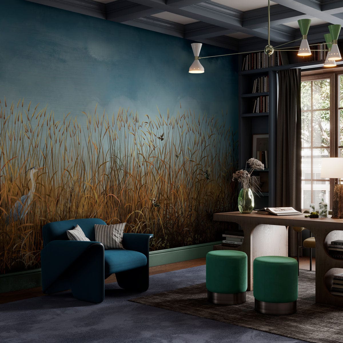 Tranquil Waterscape mural with birds; autumnal grass, cosy living room, dark teal sofa, wood flooring.