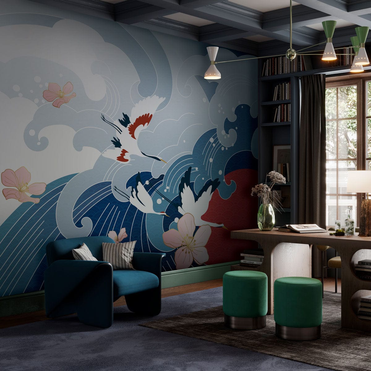 Elegant Japanese Wave Mural Wallpaper in blue room, velvet chairs, wooden flooring, and modern decor.