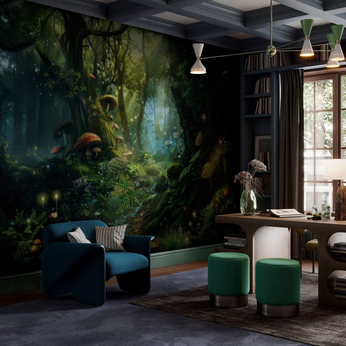 Enchanted Forest Mural Wallpaper, mystical mushrooms, lush greens, dark blue sofa, wooden flooring, living room.