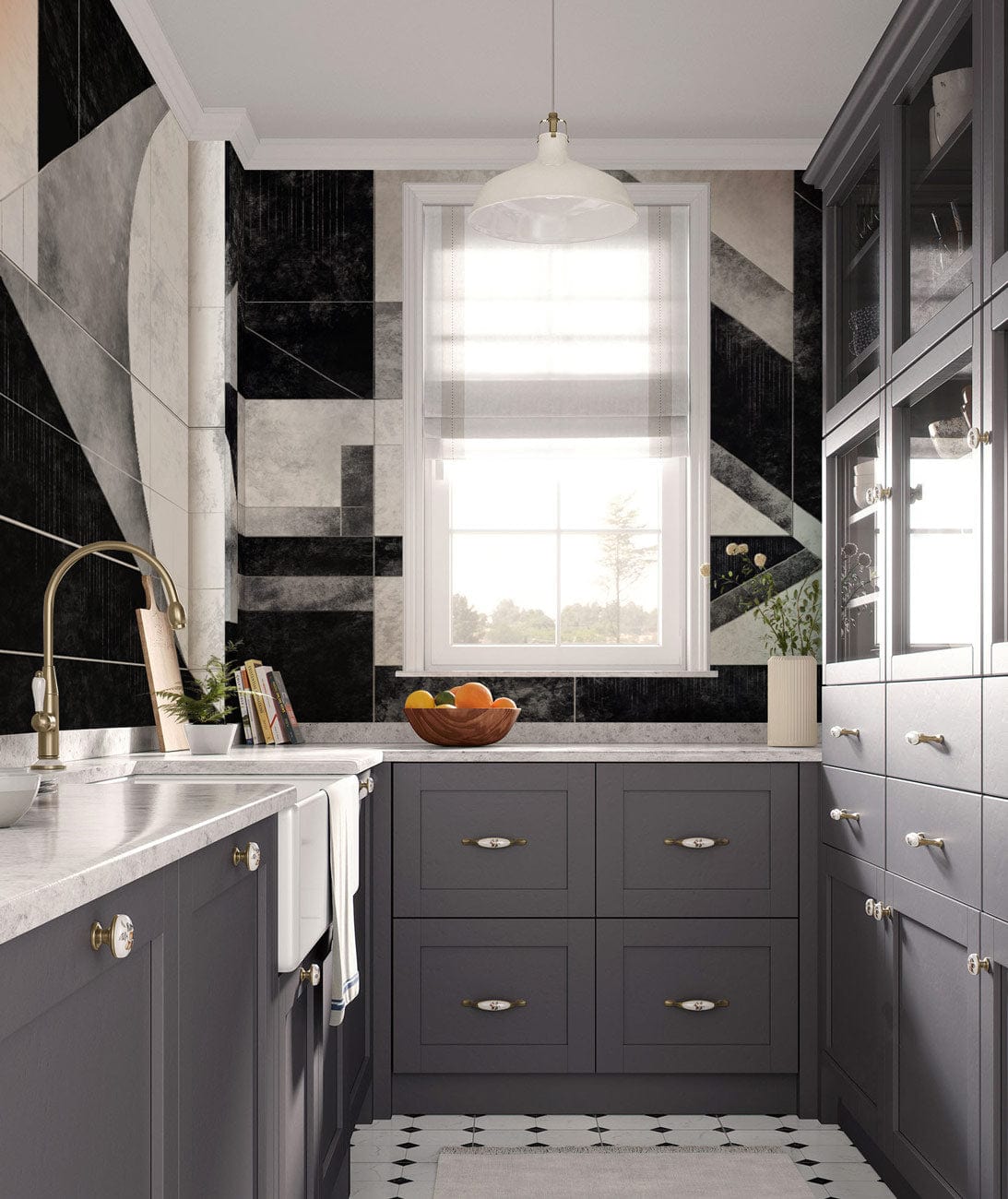 Monochrome geometric abstract wallpaper in kitchen with grey cabinets, marble countertops, black-and-white flooring.