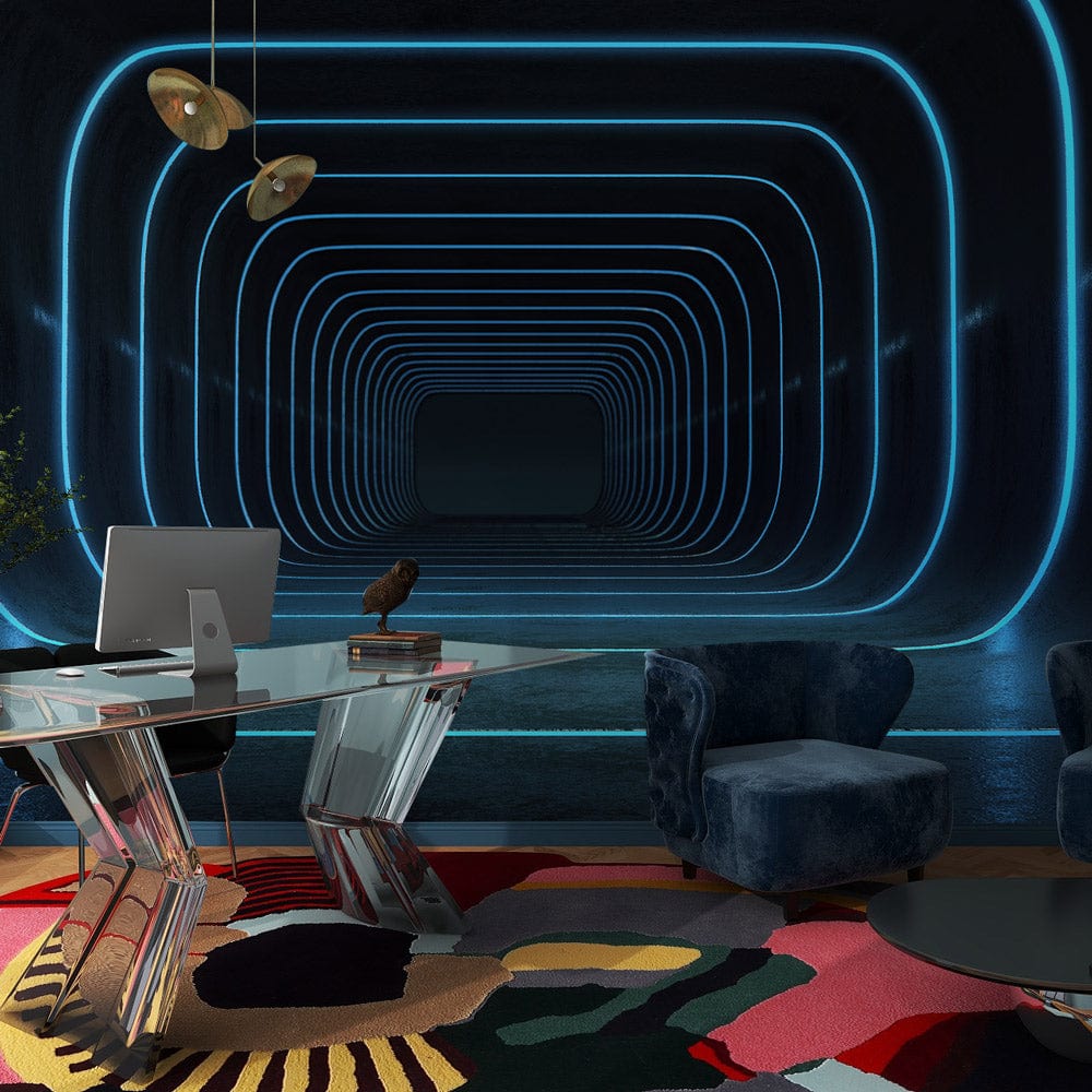 Futuristic blue neon mural in modern office, featuring glass desk, patterned rug, and velvet chair.