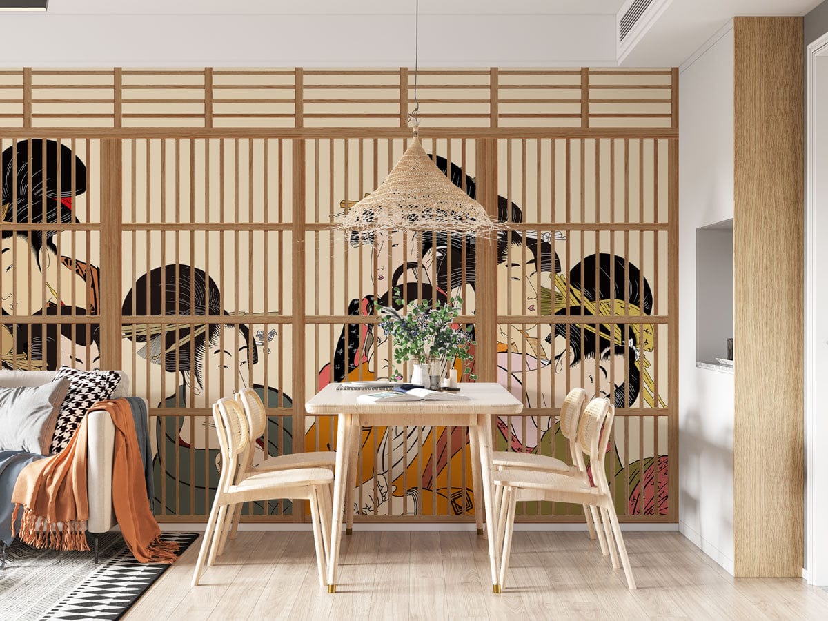 Traditional Japanese Geisha mural wallpaper in dining room, wooden furniture, woven pendant light, wooden flooring.