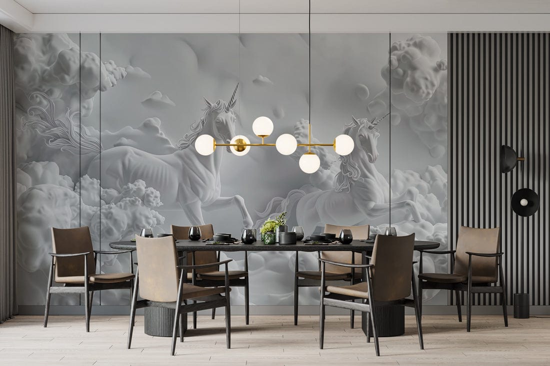 Elegant white unicorn mural wallpaper in dining room with modern chairs and round table, wood flooring.