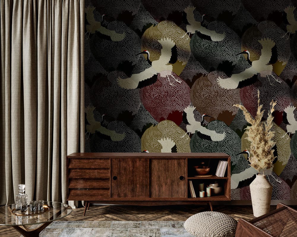 Elegant crane wallpaper in earthy tones, wooden sideboard, neutral curtains, textured rug, natural decor.