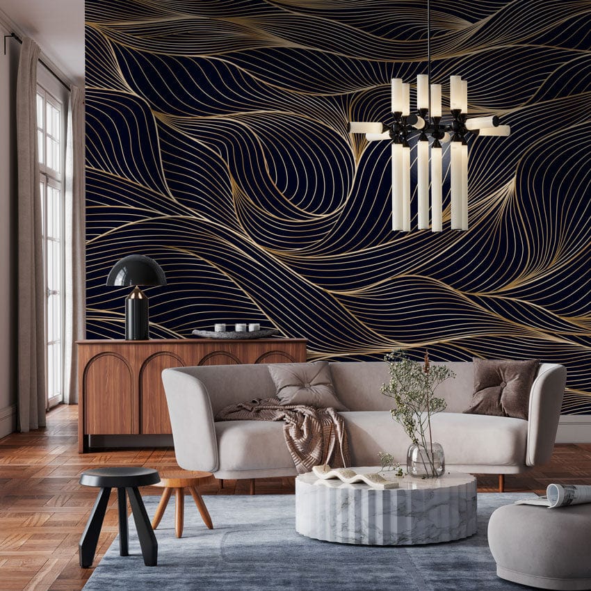 Elegant wallpaper, showcasing abstract wave patterns; cream sofa, parquet flooring, modern light fixture.
