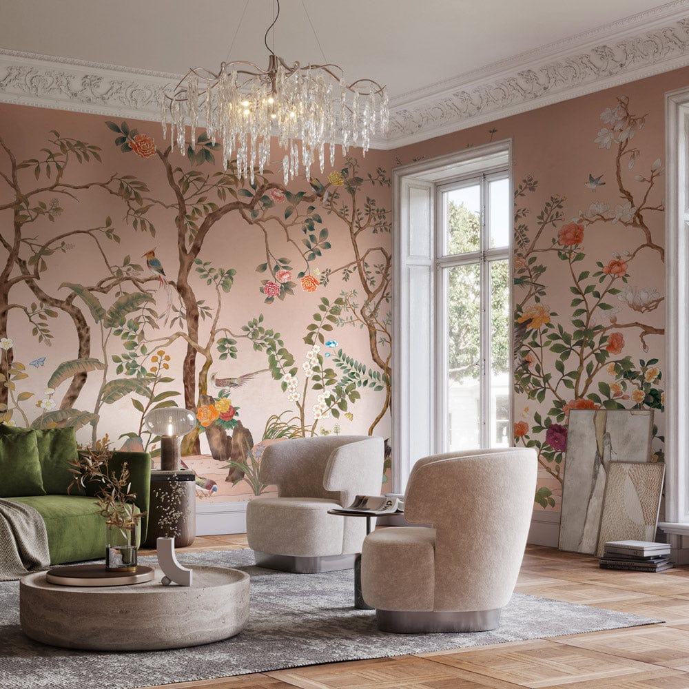 Vintage Botanical Garden Mural Wallpaper, Birds and Flowers Design, elegant lounge with plush chairs, chandelier.
