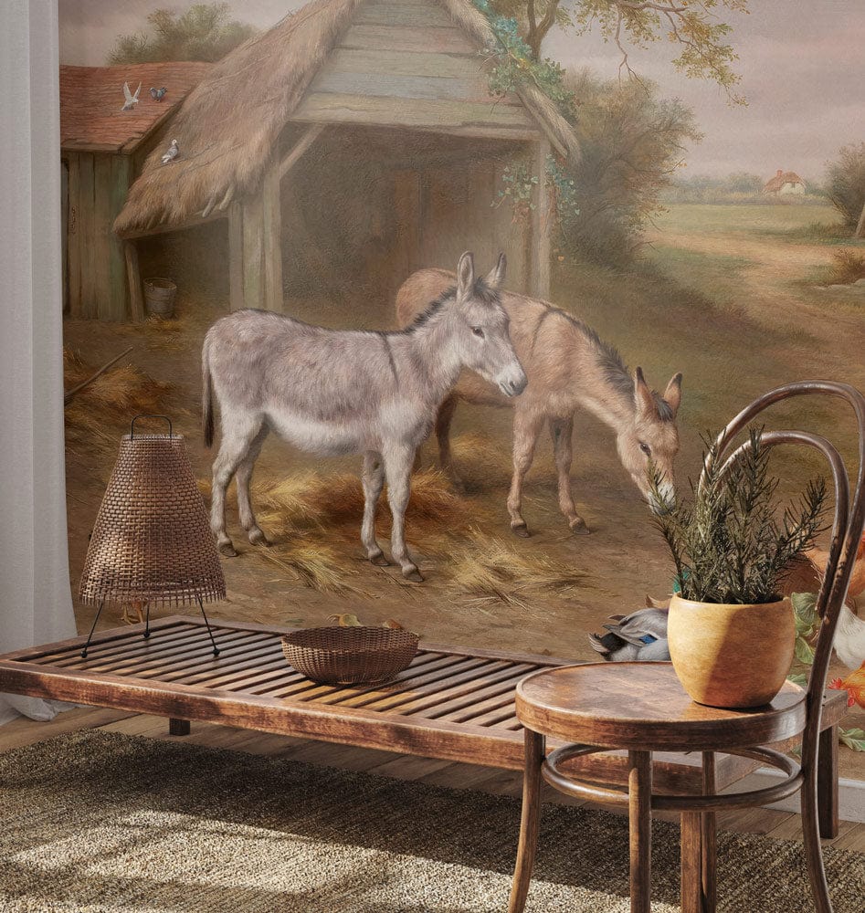 Country Farmyard Animals Mural Wallpaper with rustic earthy tones, wooden bench, rattan lamp, serene setting.