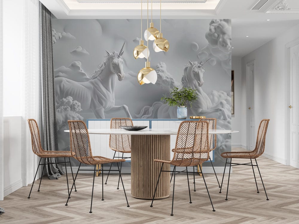 Elegant unicorn mural in dining room with wicker chairs, round table, and pendant lights, 3D decor.