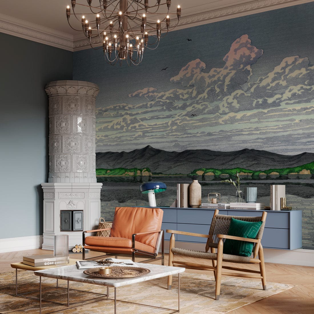 Tranquil Mountain Landscape Wallpaper with serene pastel skies in living room, featuring leather sofa and wooden floor.