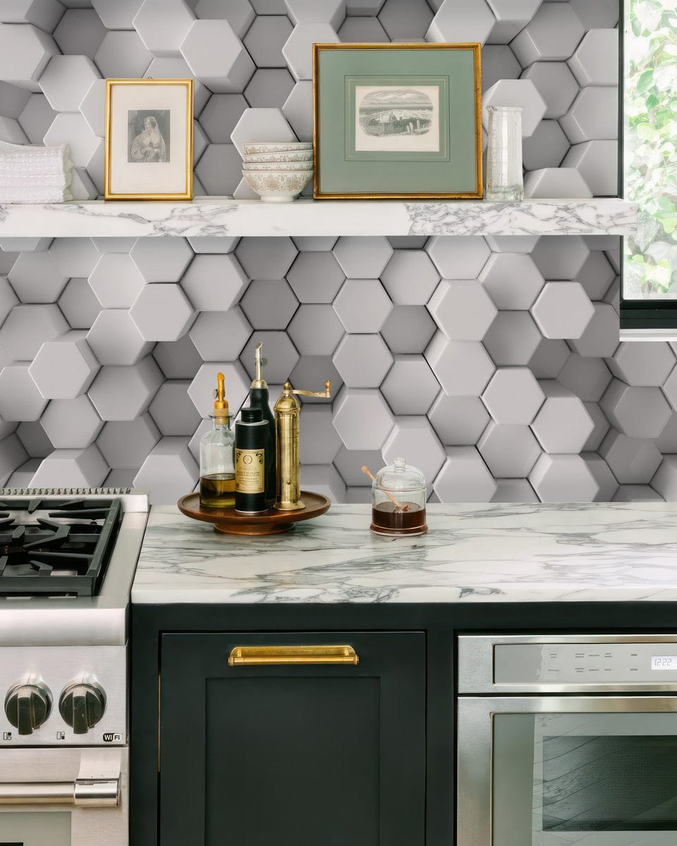 Modern grey hexagonal wallpaper in contemporary kitchen with marble countertop and stainless steel appliances.