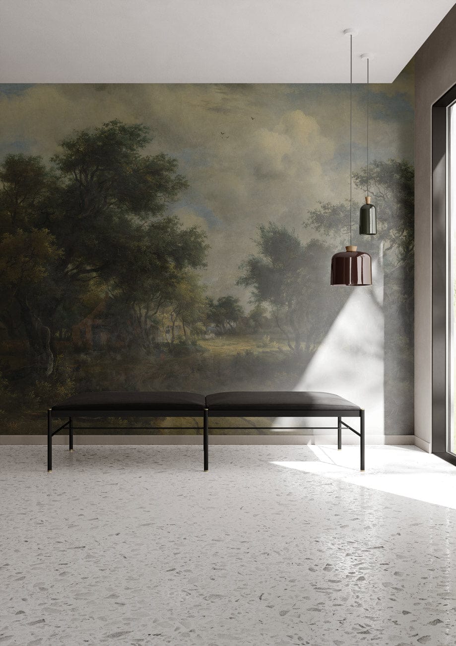 Rustic mural wallpaper, black bench, terrazzo flooring, pendant lights; earthy tones create tranquil ambience.