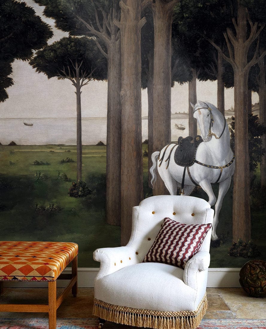 Enchanted Forest Mural with Majestic Horse and white armchair in elegant, woodland-themed room setting.