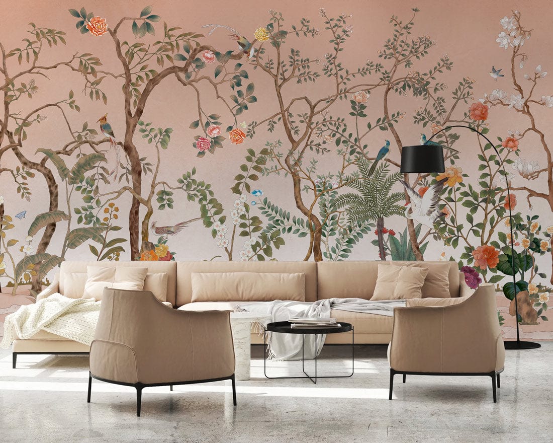 Vintage Botanical Garden Mural Wallpaper with birds, flowers; beige sofa; modern living room decor.