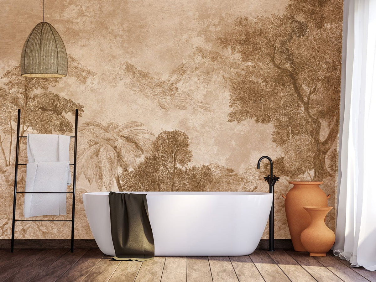 Vintage sepia woodland mural wallpaper in bathroom; white bathtub, dark wood flooring, terracotta vase.