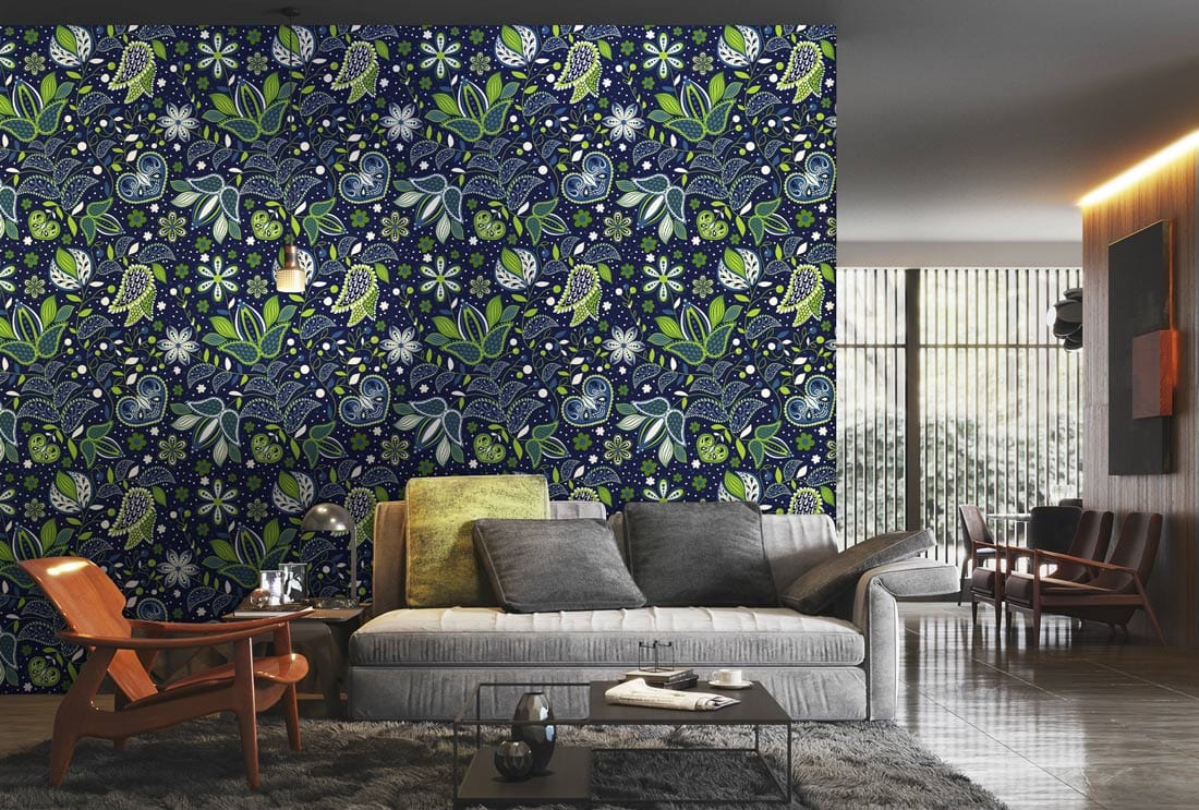 Midnight Blue Floral Fantasy Wallpaper in modern living room with grey sofa, wood flooring, elegant chairs.