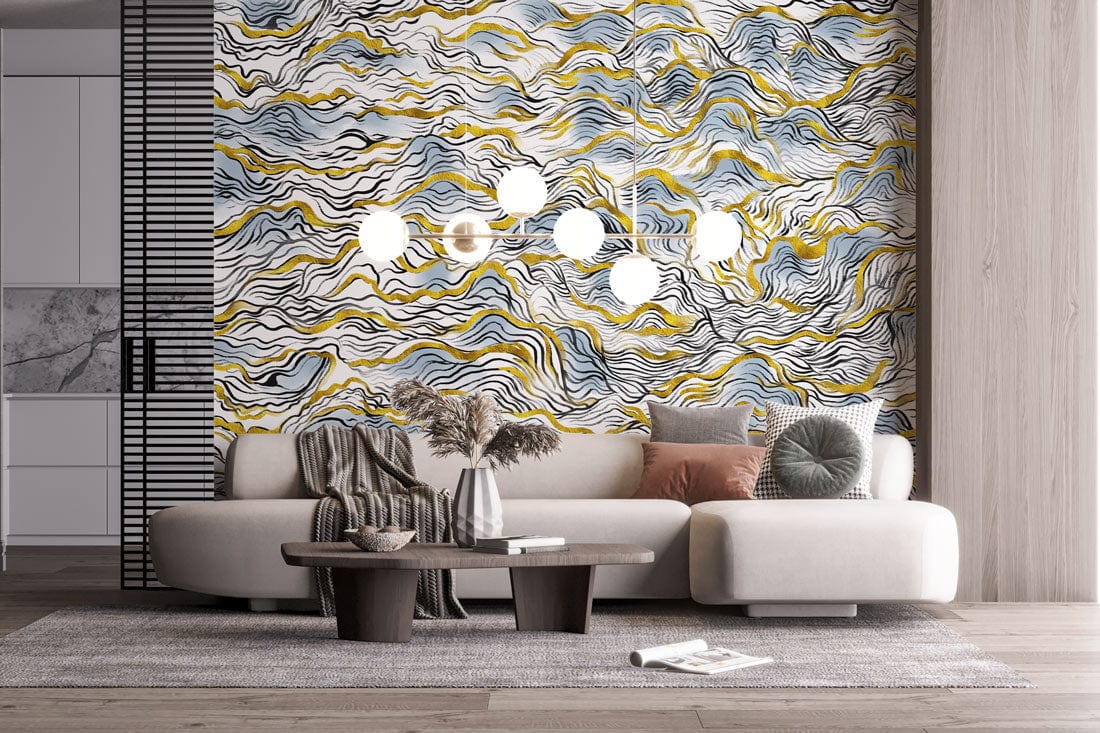 Elegant blue and gold abstract wallpaper in modern living room with beige sofa and grey carpet.