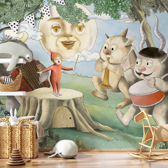 Vibrant fantasy adventure mural wallpaper featuring whimsical forest creatures in a playful room setting.