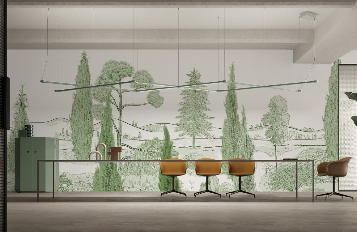 Tranquil Green Countryside Landscape Mural Wallpaper, modern chairs, minimalist table, serene interior design.