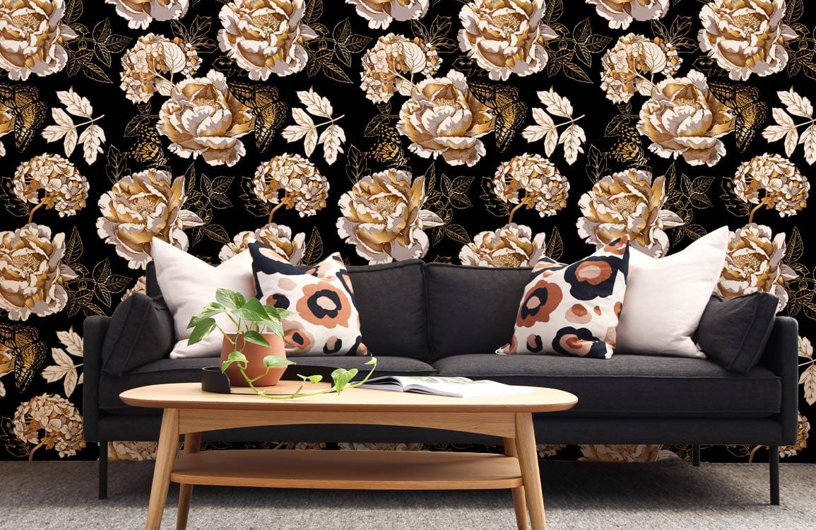 Elegant Vintage Floral Wallpaper featuring gold roses; dark sofa; wooden coffee table; grey carpet flooring.