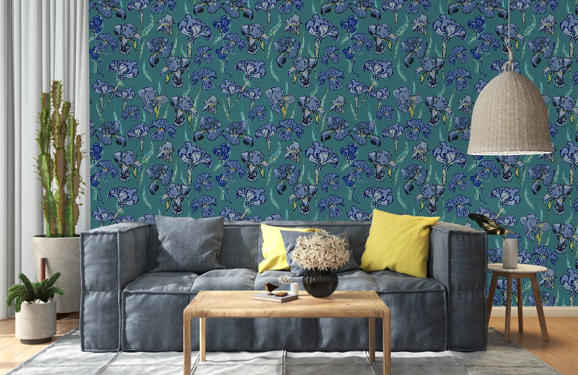 Blue Botanical Garden floral wallpaper with grey sofa, yellow cushions, wooden table, and woven pendant.