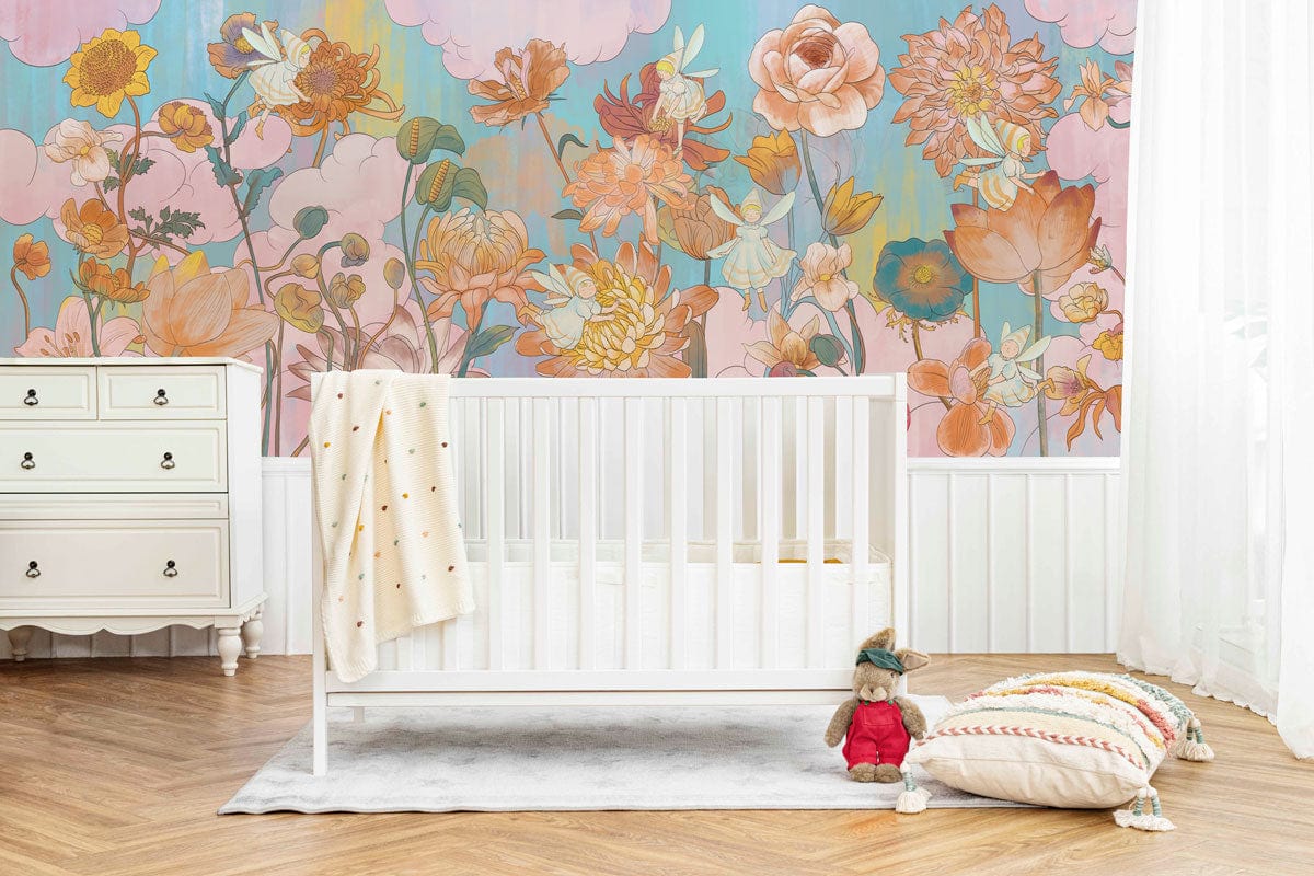 Vibrant Pastel Floral Dreams Mural Wallpaper in soft blush, aqua tones, white cot, wooden floor nursery.