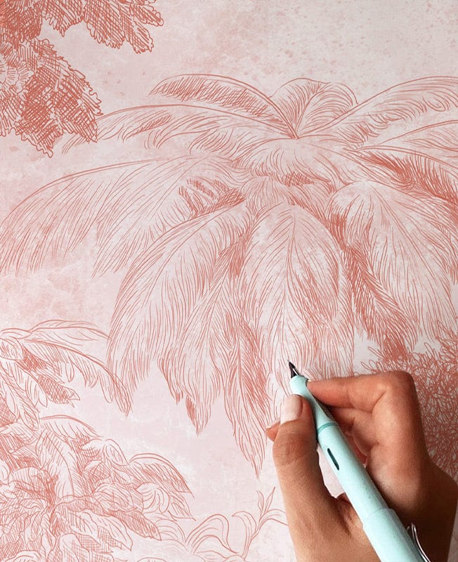 Hand illustrating Coral Scenic Jungle Mural Wallpaper for Elegant Interior Design Bliss, pink tropical design.