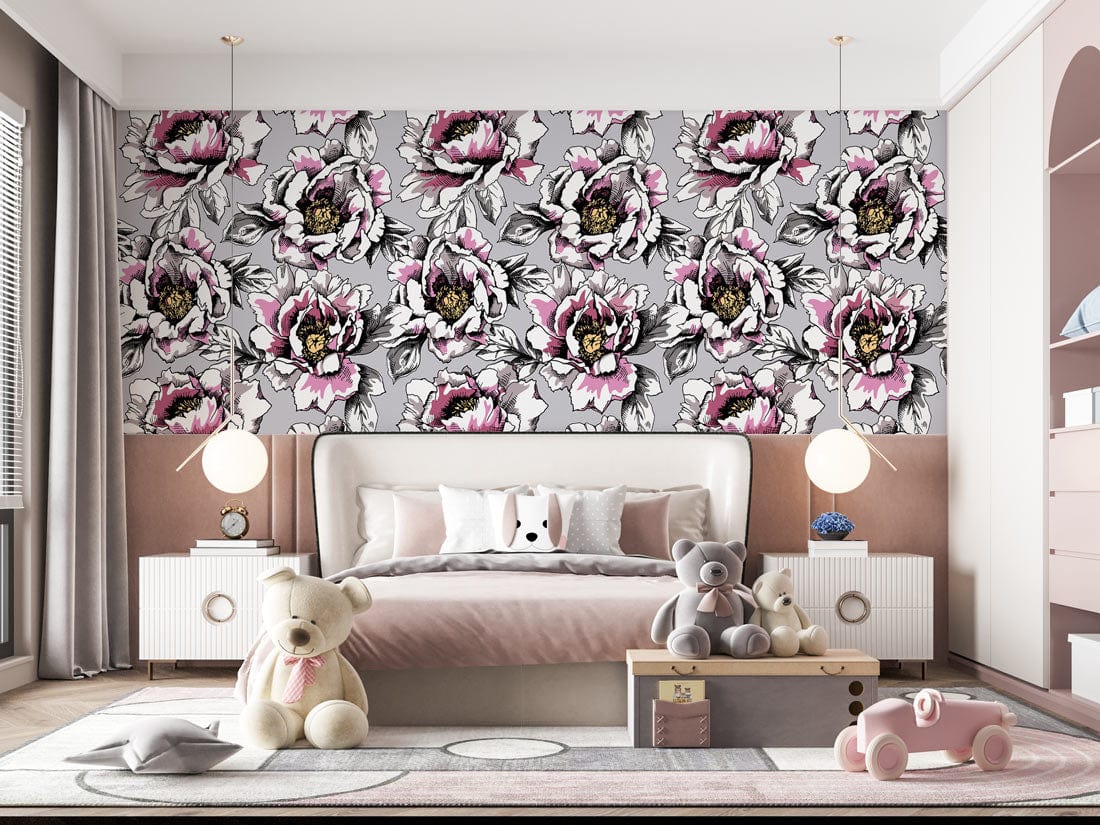 Romantic Floral Blossom wallpaper in grey and pink, children's bedroom, soft furnishings, plush toys visible.
