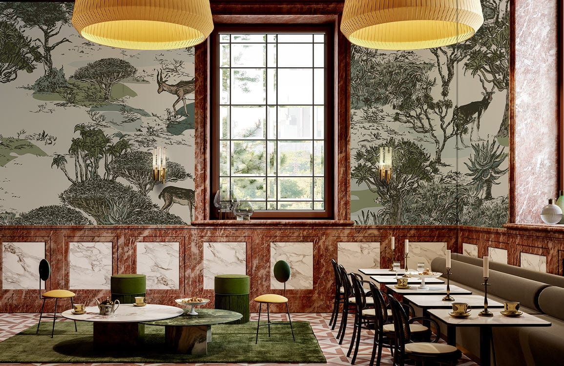 Serene Safari Wildlife mural in earthy green, marble wainscoting, dining chairs, green rug, large window.