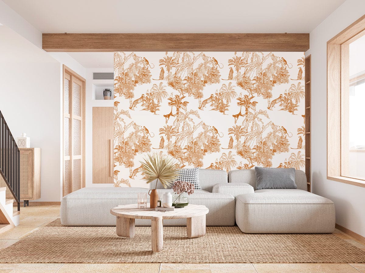 Vintage jungle wallpaper in rustic orange, tropical safari pattern, neutral living room, modern grey sofa.