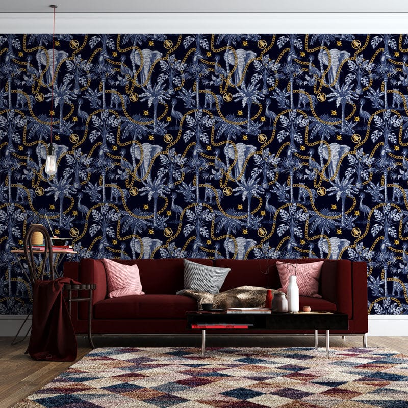Elegant Blue Elephant Jungle Wallpaper in a living room with maroon sofa, wooden flooring, pendant lights.