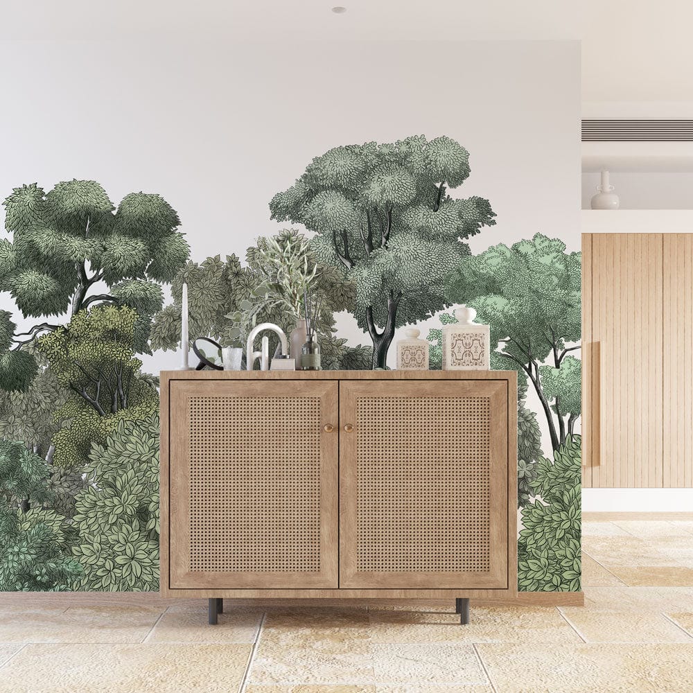 Serene Forest Green Canopy Mural in a modern bathroom with wooden cabinet on tiled floor.