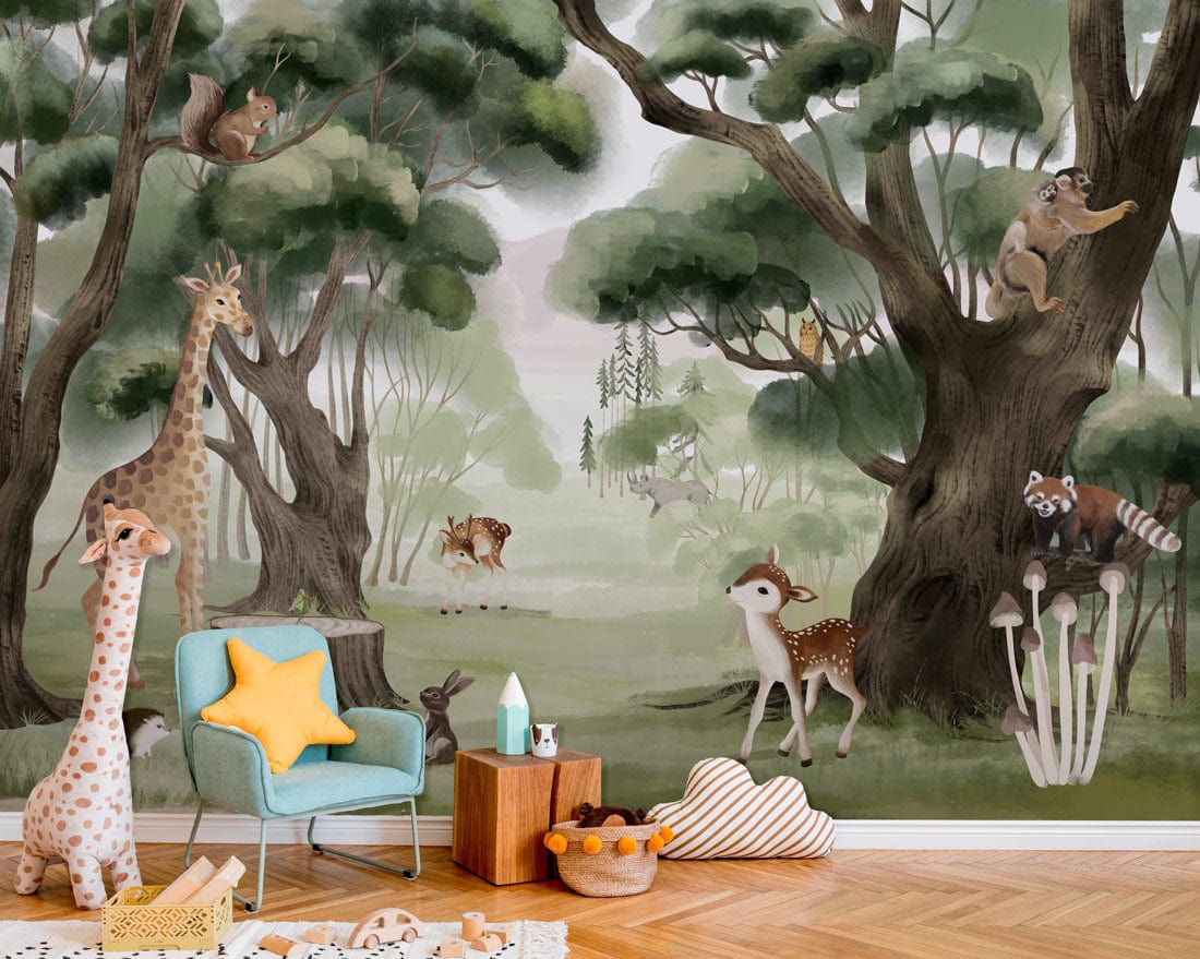 Children's room with mural wallpaper featuring whimsical forest animals, green vibes, and modern parquet flooring.
