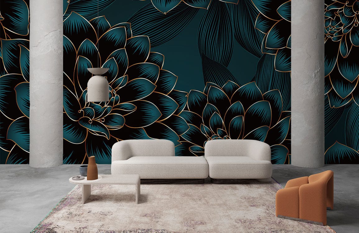 Emerald Black Floral Elegance wallpaper with white sofa, tan chair, concrete floor, modern living room.