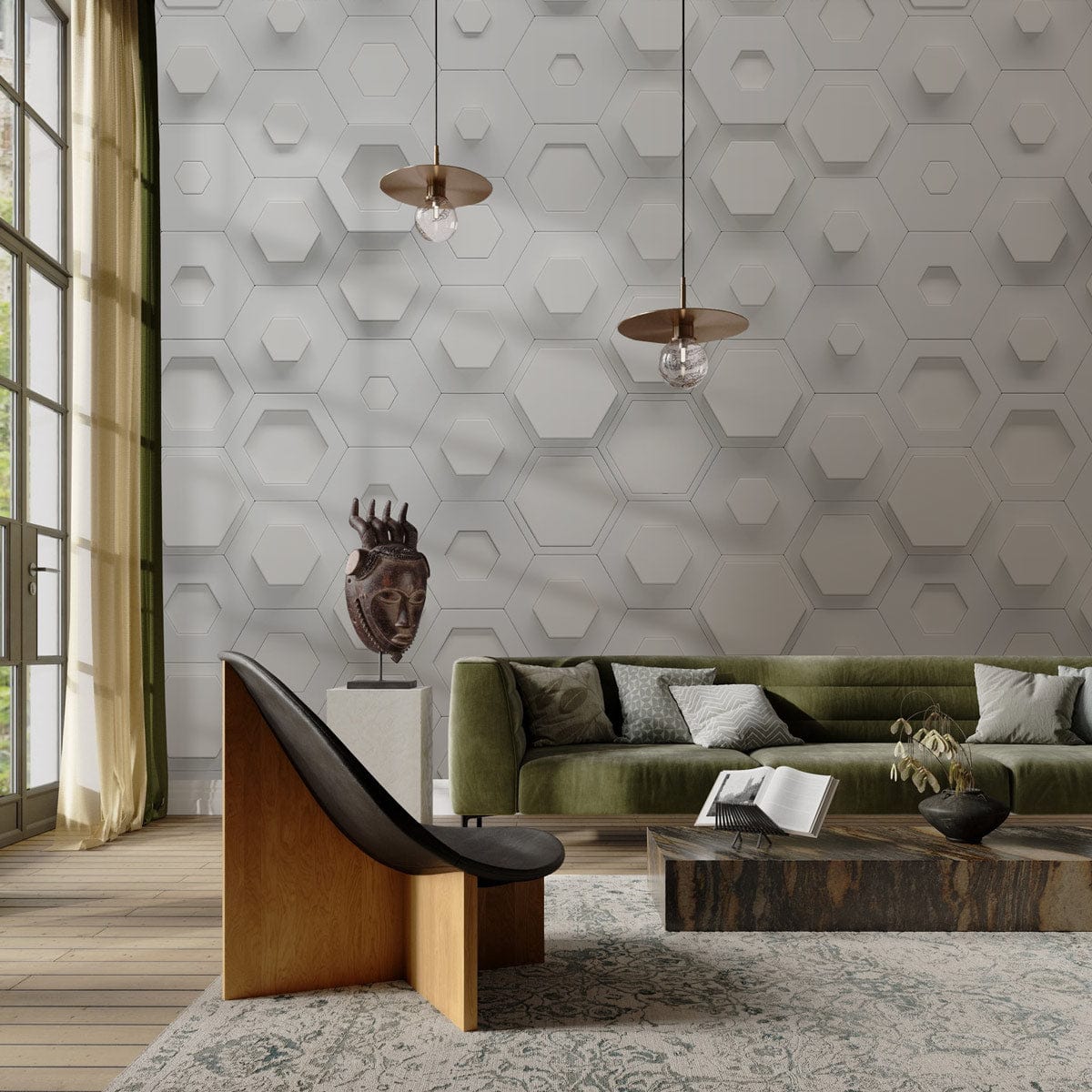 Modern living room with white hexagonal geometric wallpaper, green velvet sofa, wooden flooring, contemporary decor.