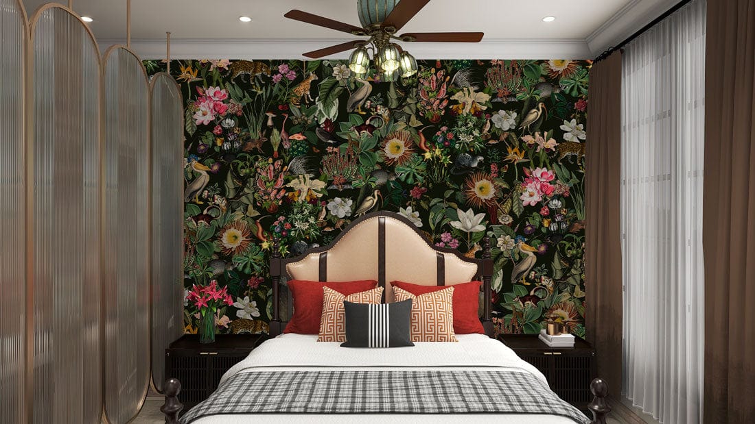 Tropical floral mural wallpaper enhances bedroom with elegant bed, patterned cushions, and classic curtains.
