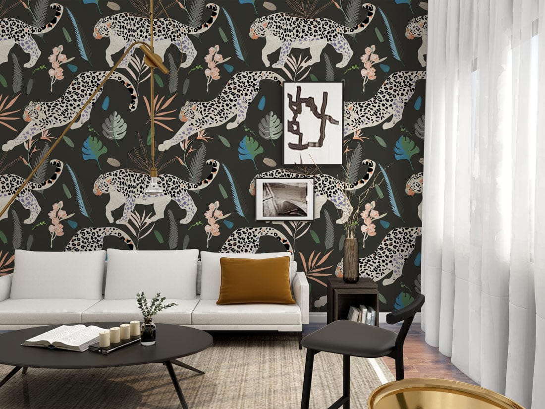 Exotic Jungle Leopard Wallpaper in earthy tones, modern white sofa, black coffee table, elegant decor.