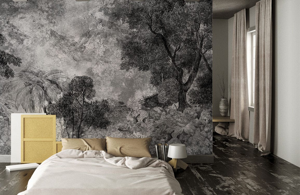 Monochrome tropical forest mural wallpaper in elegant bedroom with beige bedding and dark wooden flooring.