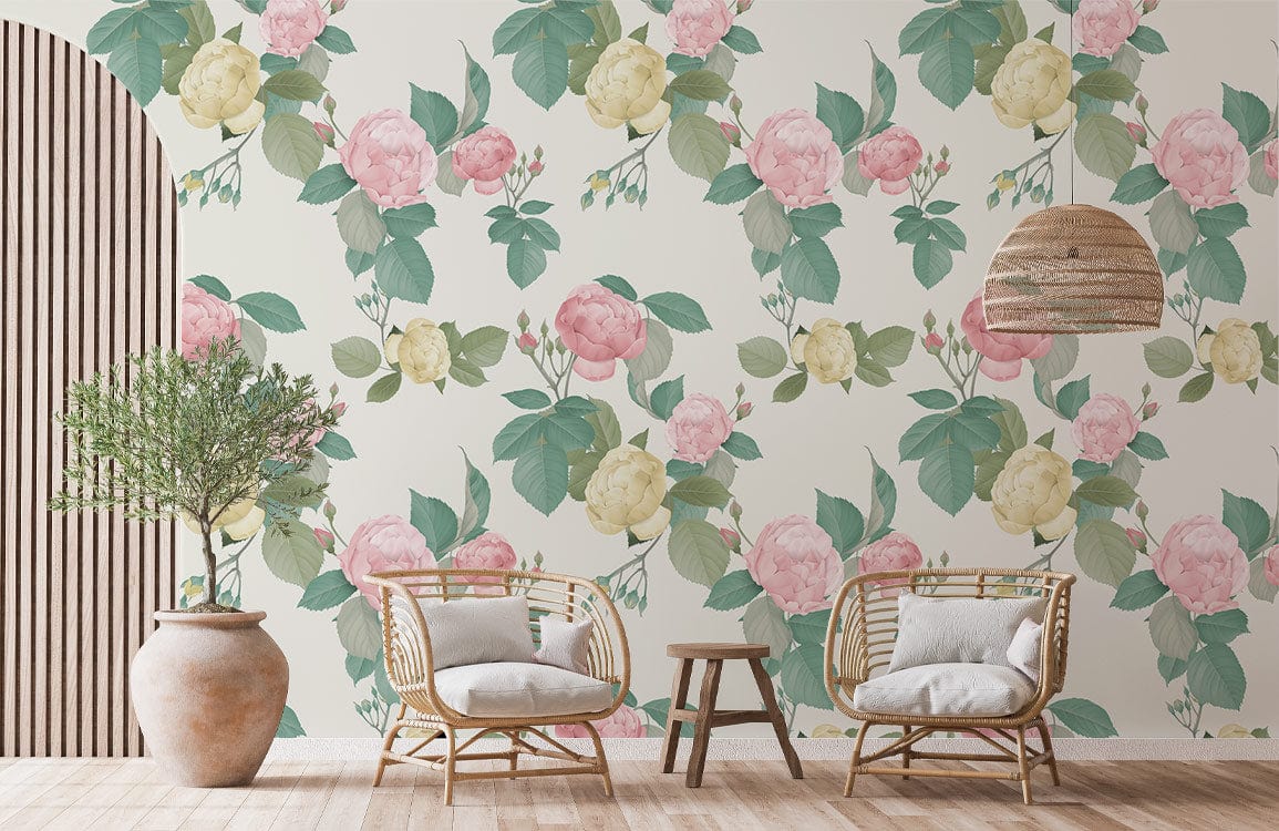 Vintage floral wallpaper with pink and green hues in room with rattan furniture, wooden flooring.
