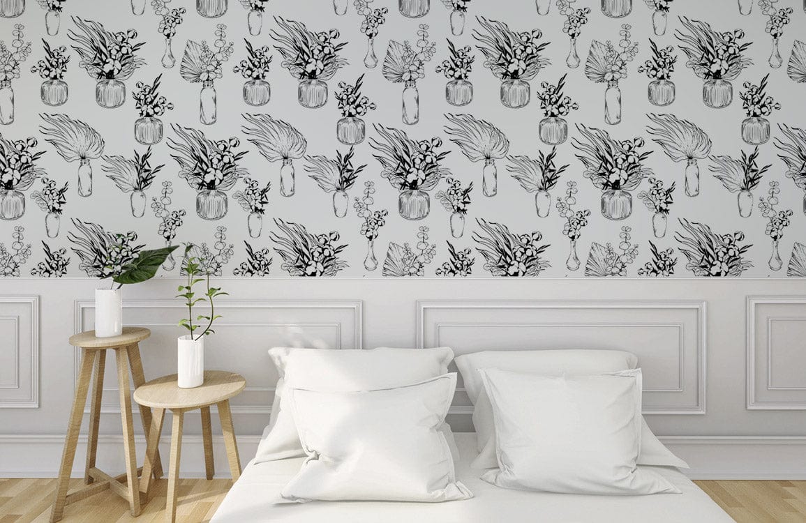 Monochrome Botanical Vase wallpaper in elegant bedroom; wood flooring, white bed, neutral decor.